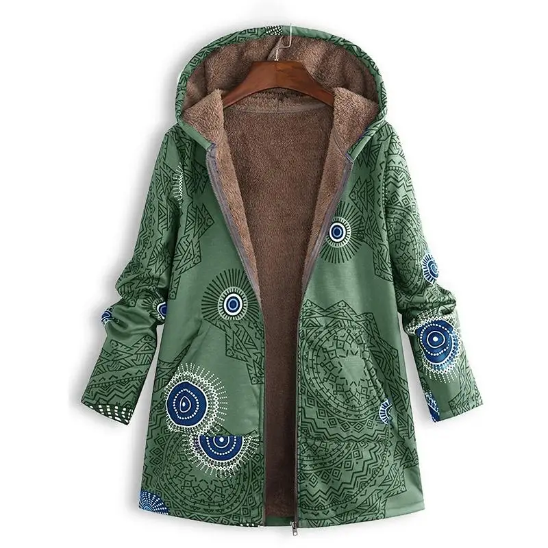 

2019 Autumn Women Vintage Print Coat Female Long Sleeve Hooded Fleece Jackets Ladies Zip Up Outwear Plus Size Coats