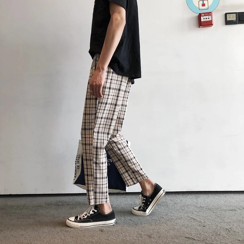Men's Trousers 19 Spring New Youth Popular Printing Lattice Straight Nine Pants Harem Wide Leg Pants Youth Casual Men's Clothing