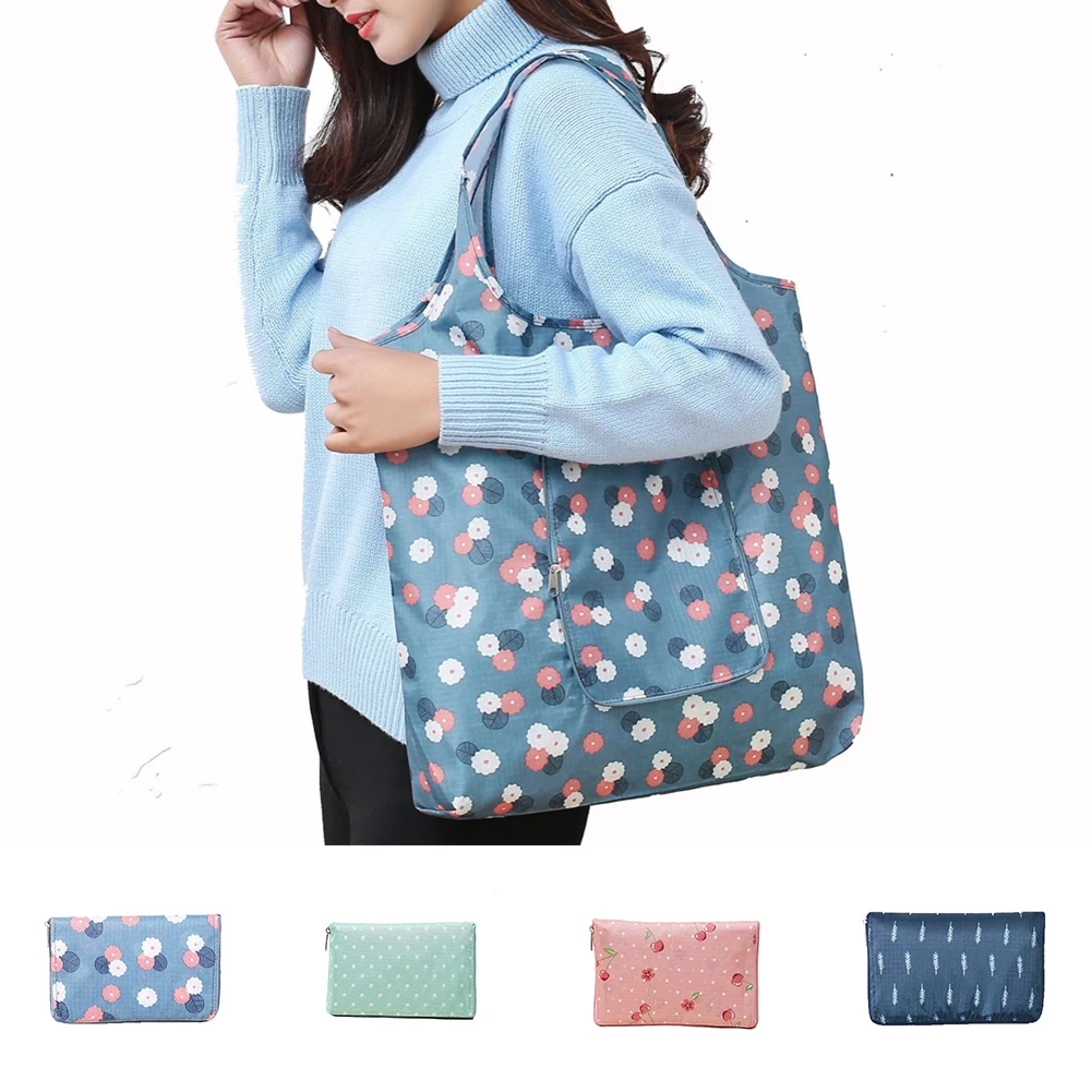 

Women Eco Friendly Foldable Multi-functional Storage Pocket Reusable Flower Print Pouch Portable Shopping Bag Handbags Tote