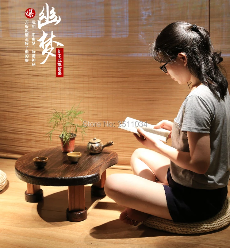 Japanese Antique Burnt Paulownia Wood Round Table Traditional Asian Furniture Living Room Low Floor Coffee Table Wooden