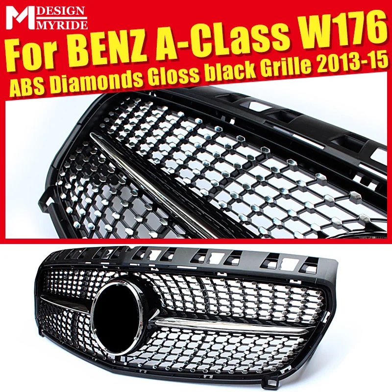 

Fits For W176 Diamond Grills Grill ABS Gloss Black For W176 A-Class A180 A200 A250 A45 Without Sign Front Bumper Grille 2013-15