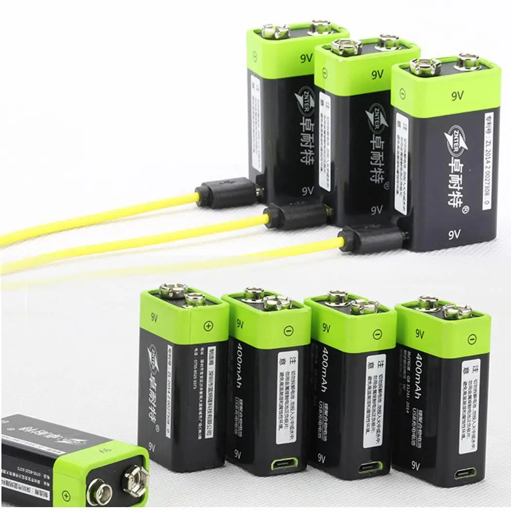 Vente 9 V 400 mAh Multifonctionnel batterie rechargeable au lithium 3.7Wh USB 3000 Fois USB micro USB 5 V Noir Vert