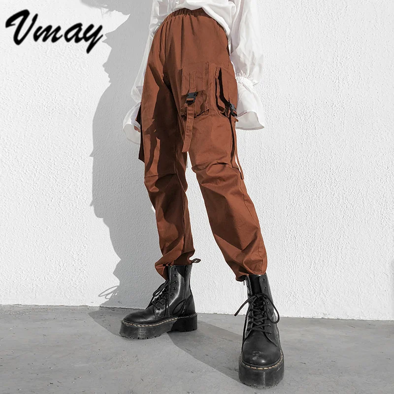 Vmay для женщин 2019 черный высокая талия штаны-карго карманы лоскутное свободные уличная карандаш брюки для девочек модные хип хоп