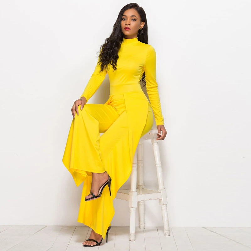 

Women's O Neck Long Sleeves High Waist Jumpsuits For Women 2018 New Summer Elegant Wide-leg Bodysuit Women Romper Overalls Cheap