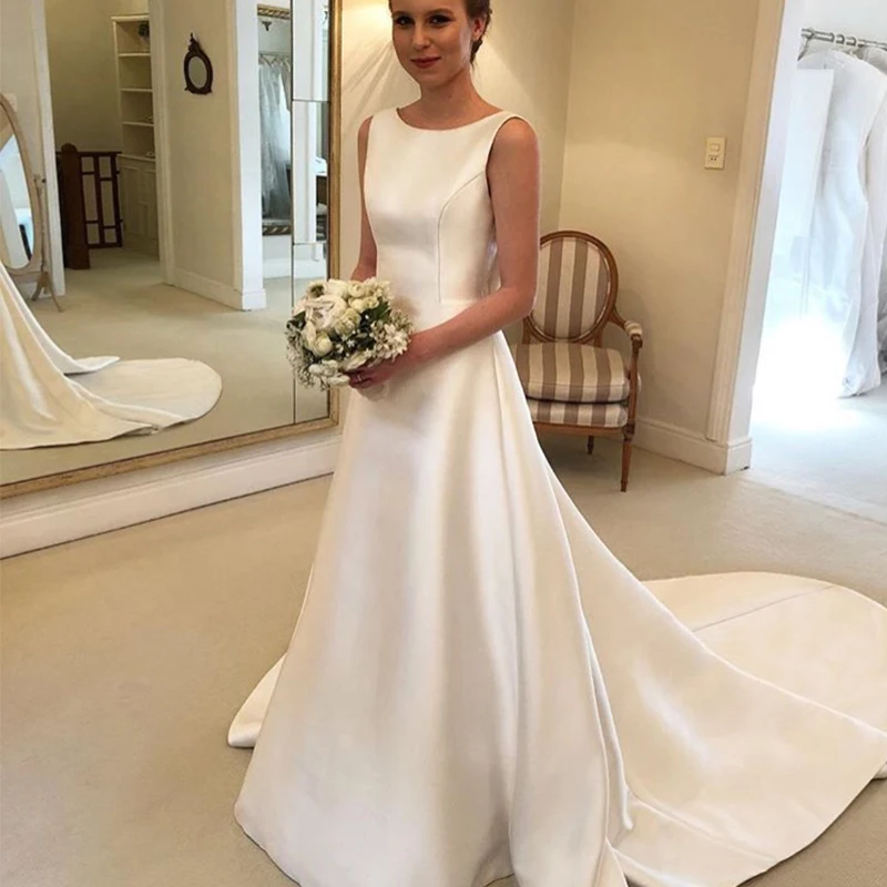 

Vivian's Bridal A-line Jewel Backless Wedding Dress Chapel Train Reflective Satin Bridal Dress Simple Bow Wedding Gown