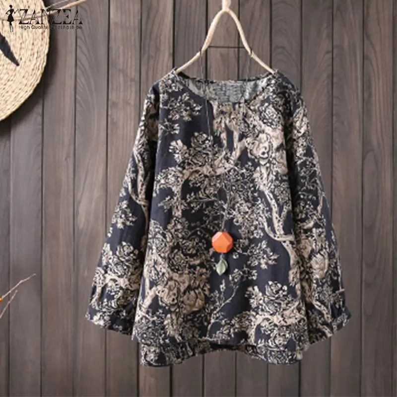 ZANZEA Женская Повседневная рубашка, Женская винтажная блузка с принтом, осень, о-образный вырез, Свободная блуза для женщин размера плюс, мешковатые женские блузки s