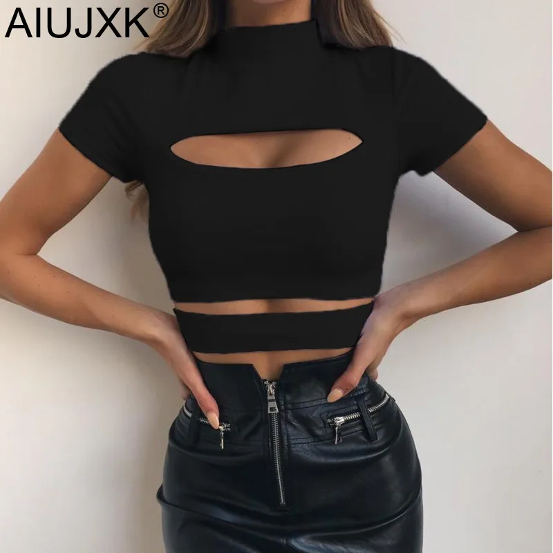 

AIUJXK New 2019 Summer Short Sleeve Modal T Shirt Women Cut Out Crop Tops Streetwear Neon Tshirt Aesthetic Hollow Out Tank Tees