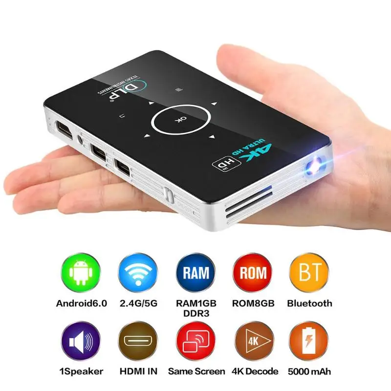 

C6 Smart Projector Android 6.0 1GB+8GB WiFi Bluetooth Battery, HD in, Portable Mini Projector, 3D Beamer,4.0 Quad Core Beamer