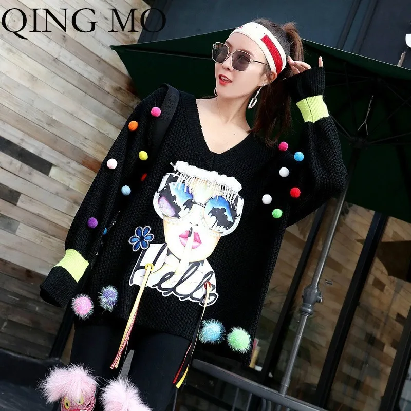 QING MO 2018 Winter Female New Color Ball Decoration Sweater Cartoon Girl Pattern Long V-neck Loose WYM008 | Женская одежда