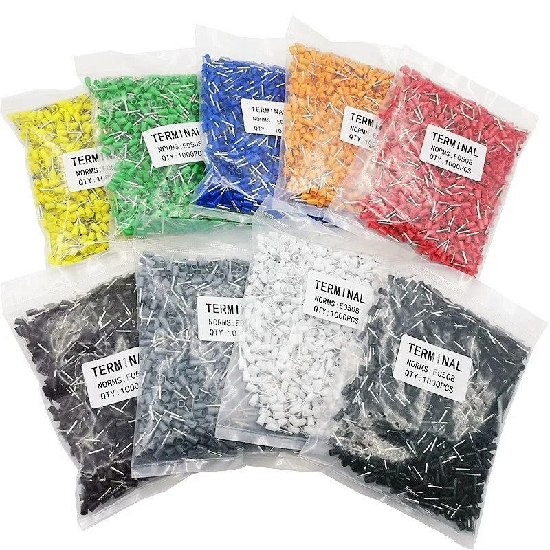 1000pcs/Pack E0508 E7508 E1008 E1508 E2508 Insulated Ferrules Terminal Block Cord End Wire Connector Electrical Crimp Terminator