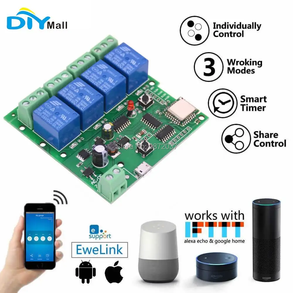 

4-GNAG DIY SWITCH 4 Channel Wifi Wireless Switch Inching Self-locking Interlock 5V DC7-32V for AMAZON Alexa Google Home eWeLink