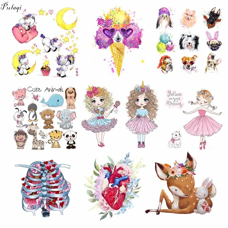 

Pulaqi Cute Unicorn Girl Transfer Animal Cat Dog Iron On Transfers Heart Bond Heat Thermal Transfer For Clothes DIY Decoration F