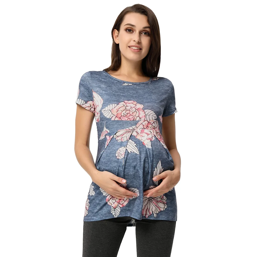 

Gk Women Maternity Floral Pattern Short Sleeve Crew Neck Pleated T-shirt Tops Soft Comfortable Loose Women's T-shirt