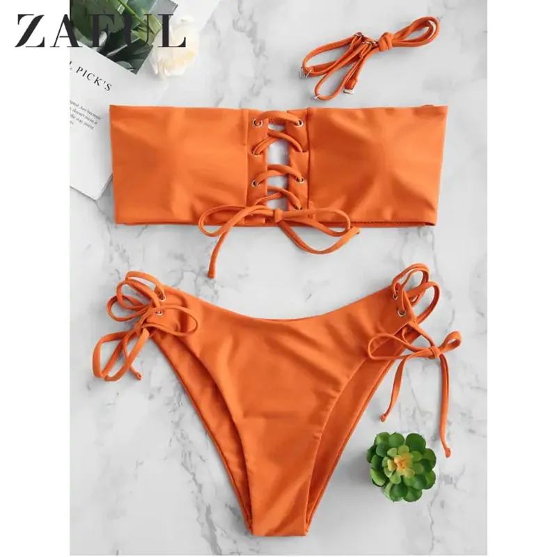 

ZAFUL Lace-Up Smocked Bandeau Bikini Set Women High Cut Bikini Swimwear Female Swimsuit Sexy Bathing Suits Biquini Feminino