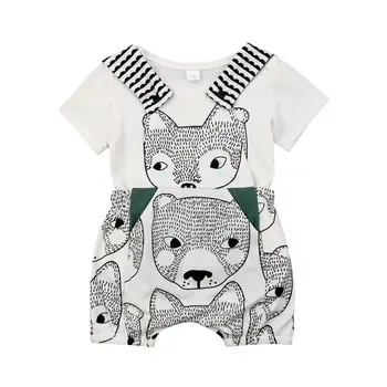 

2PCS Set Newborn Baby Boy Girl Short Sleeve T-shirt Tops Fox Print Overalls Suspender Shorts 2PCS Baby Clothes