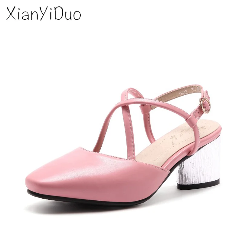 

2019 Summer Fashion Party Womens shoes closed toe Square Toe Middle Heel Block Buckle Strap sandals Plus Size 32-45 pink /1802