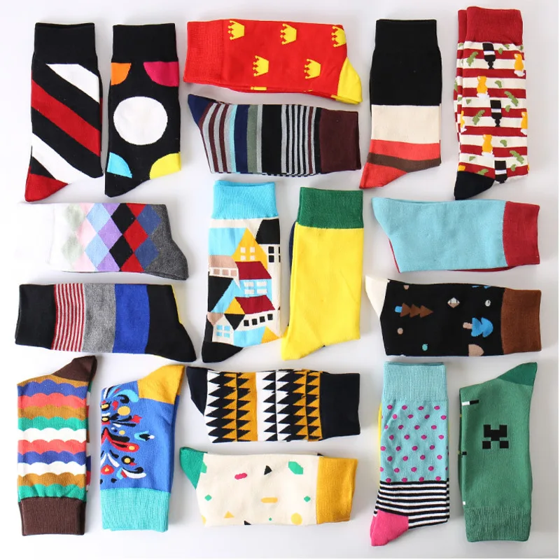 

Men Socks Funny Cartoon House Tree Geometric Rhomboid Lattice Stripe Colorful Happy Personality Hip Hop Skate Cotton Sock Winter