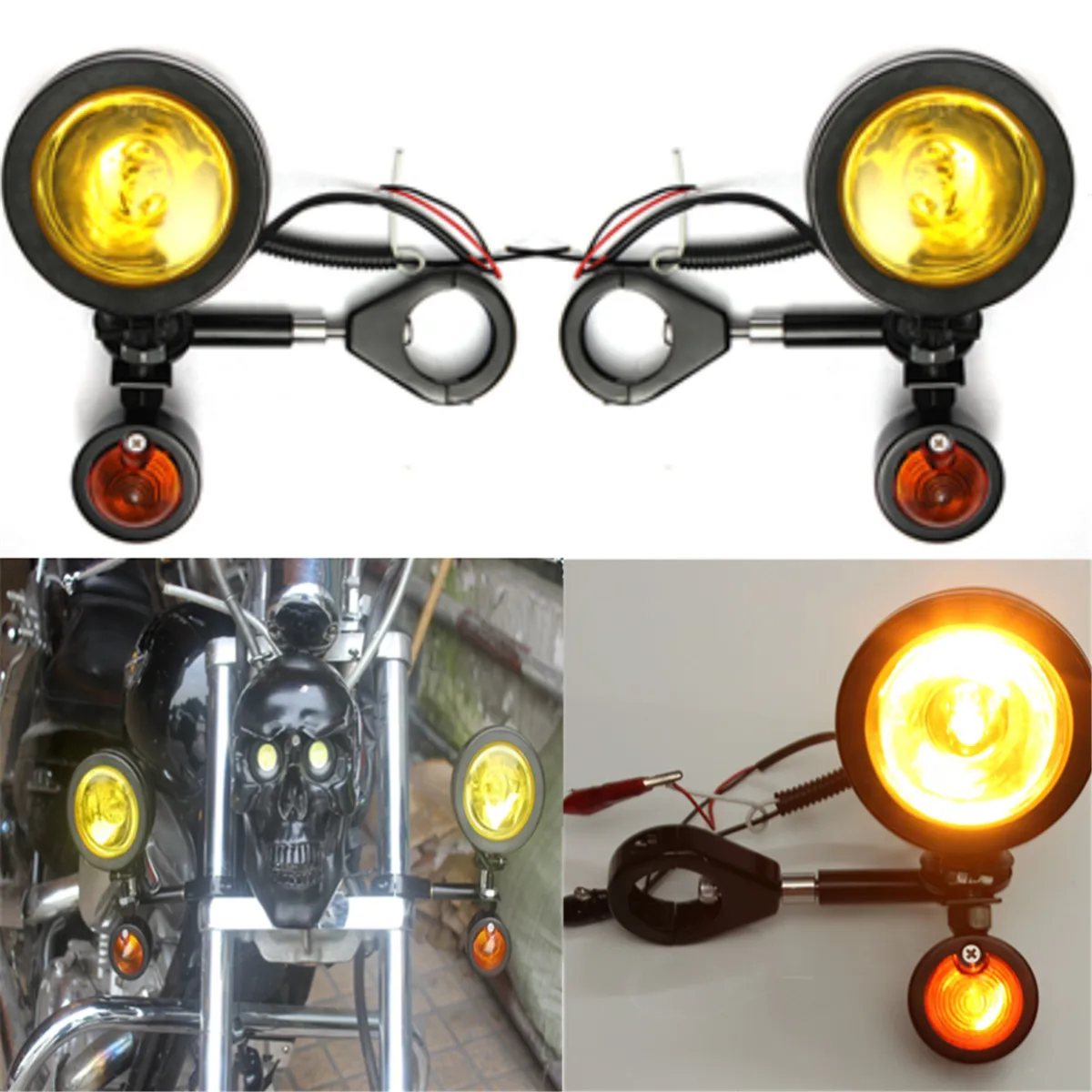 

12V Metal Shell Motorcycle Fog Light and Turn Signal Light 39mm Mount Bracket Amber Yellow