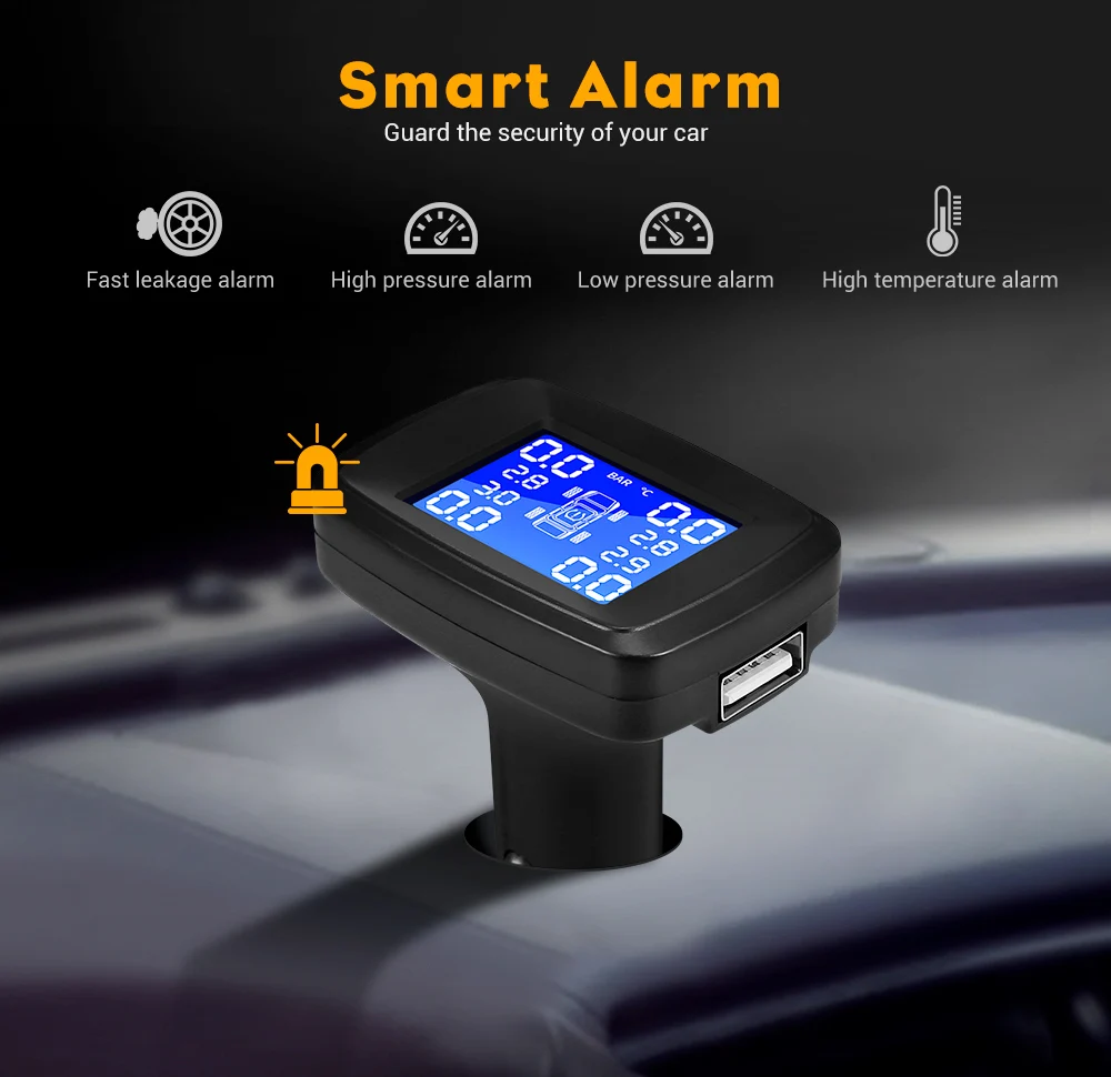 Автомобиль Smart TPMS система контроля давления в шинах 4 внешних/внутренних датчика прикуривателя USB в реальном времени Шины сигнализации PSI Бар