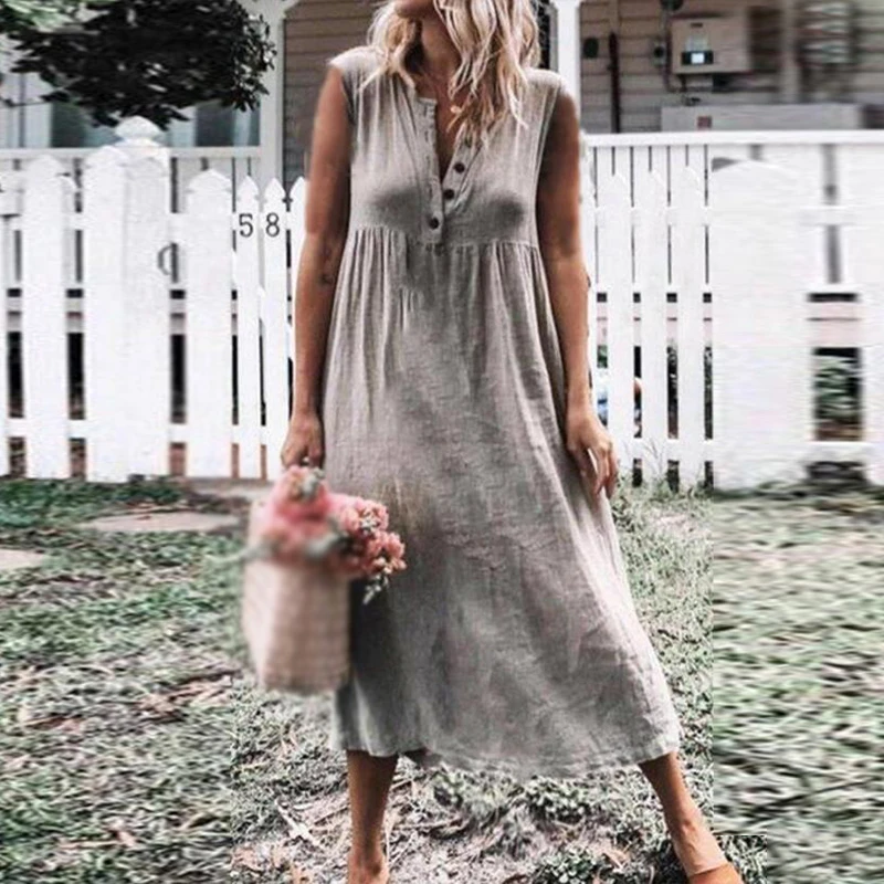

Women Vintage Style Sleeveless Solid Color Button Down Loose Summer Beach Dress