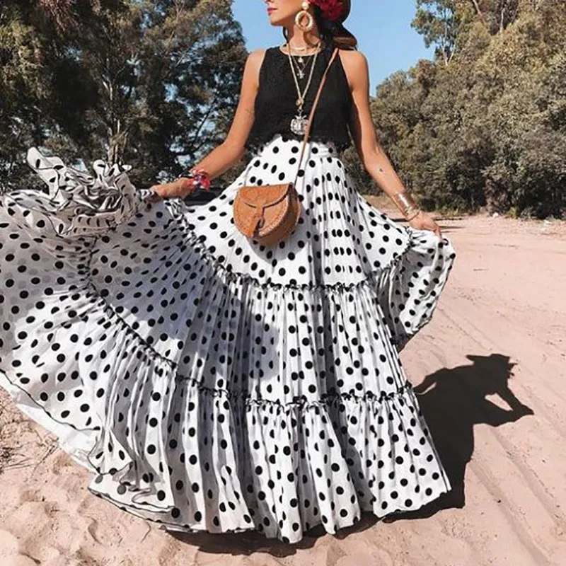 

Women Summer Boho Sleeveless Dress Dot Plus Size Beach Long Maxi Dress Polka Dots Casual