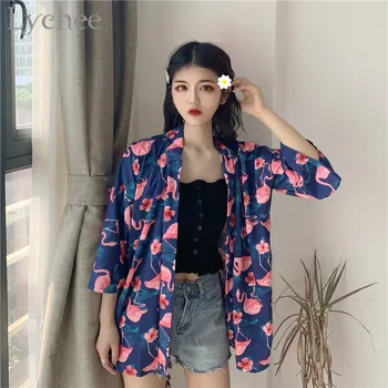 

Lychee Preppy Style Flower Flamingo Print Female Seven-quarter Sleeve Cardigan Loose Summer Spring Women Cardigan