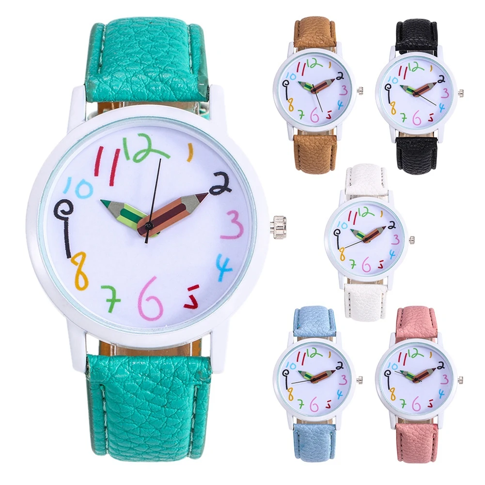 

PU Strap Pencil Pointer Kids Watch Fashion White Paint Case Quartz Wristwatch