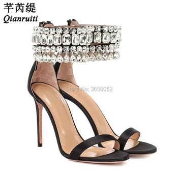 

Qianruiti Sandalias Mujer 2019 Summer Ankle Strap Gem Wedding Shoes Sexy Stiletto Open Toe High Heels Clear Crystal Silk Sandals