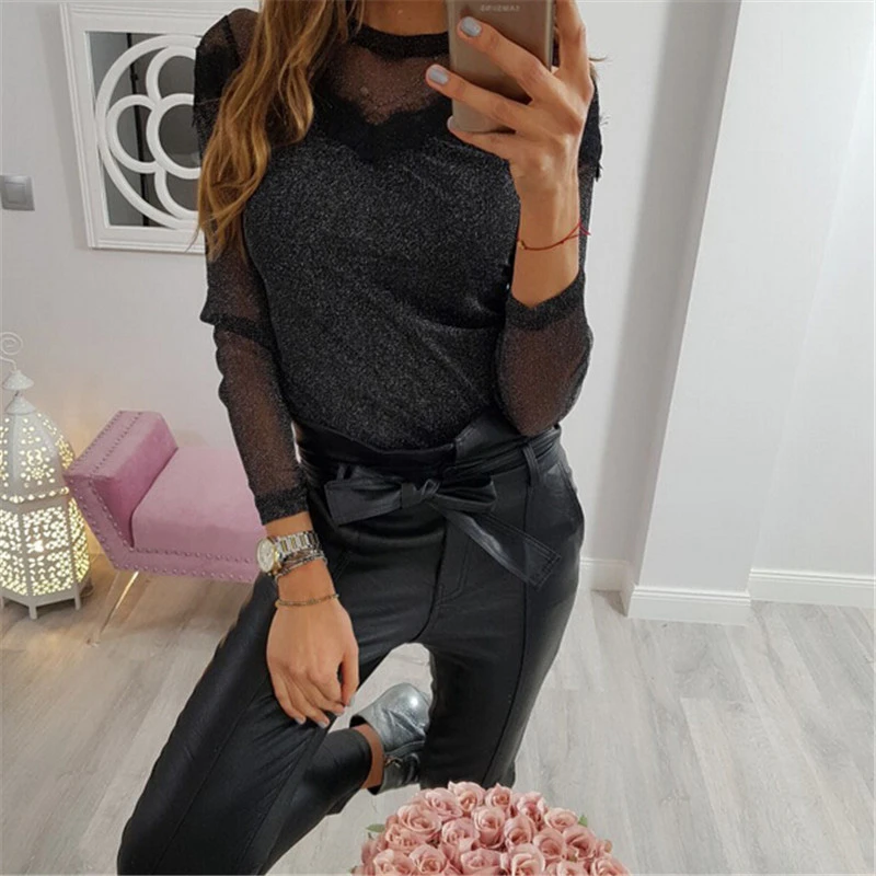 T Shirt A Manches Longues En Maille Transparente Pour Femme Haut Sexy En Patchwork De Dentelle Noir A La Mode Printemps Ete 2019 Aliexpress
