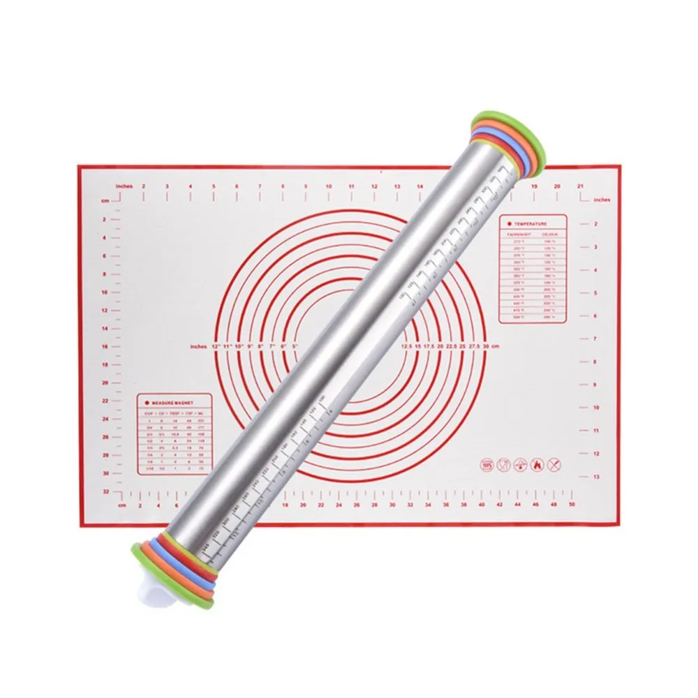 

17 inch Adjustable Stainless Steel Rolling Pin With Dough Mat Portable Dough Roller with 4 Removable Adjustable Thickness Rings