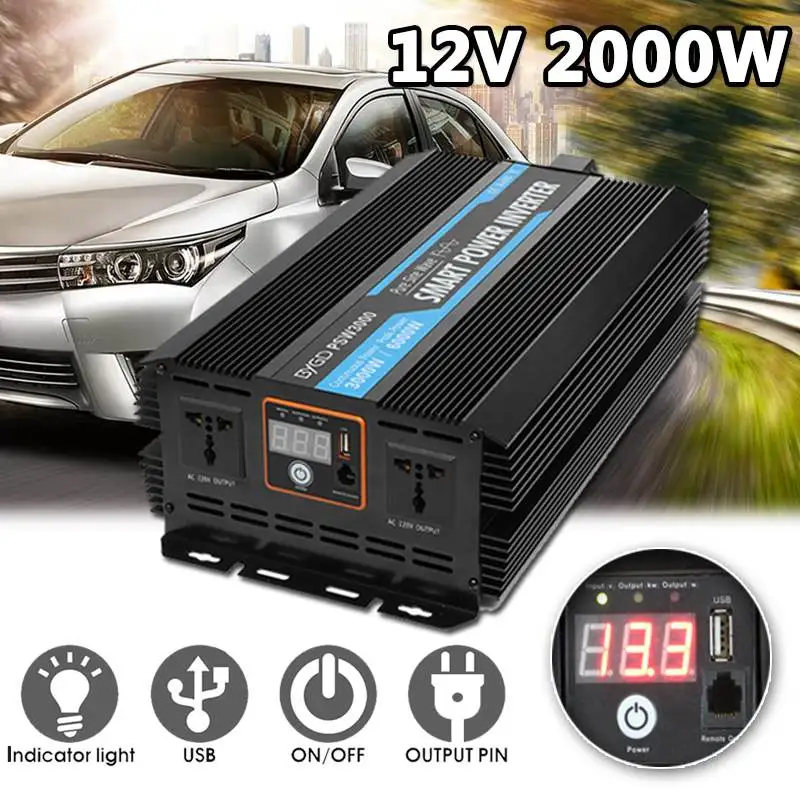 

2000W Power Inverter 12v 220v Digital Display USB Modified Sine Wave Auto Power Car Converter Transformer Charger Adapter