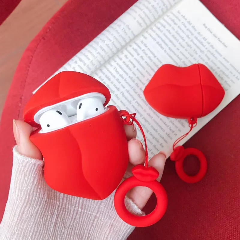 

3D Sexy Lip Silica gel Earphone Case For Airpods 1/2 Case Finger Ring Silicone Cover Earphone Bag Charging box protective case