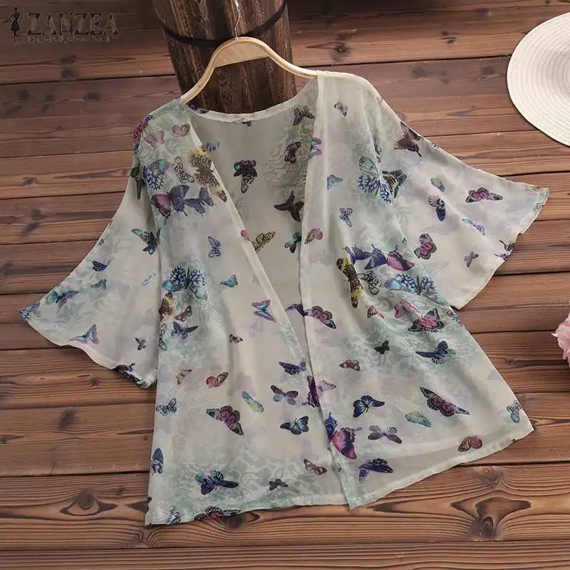 

Women Tops Blouse ZANZEA 2019 Summer Loose Shirt Print Kimono Cardigan Tops Blusa Feminina Beach Covers Up Outwear Oversize
