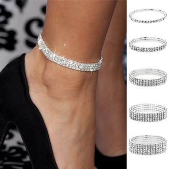 

Chain Women Anklet Stretchy Rhinestones 2 3 4 5 Rows Fashion Silver Diamante Shine Ankle Bracelet 1pc New