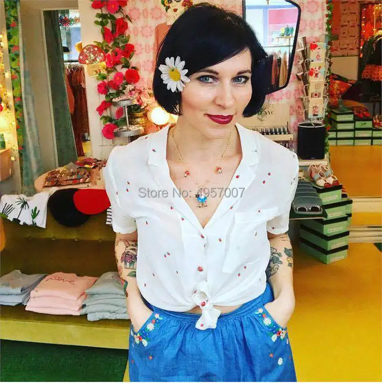 White Silk 100% Strawberry Printed Blouse Top - 2019ss Women/Ladies Notched Neckline Short Sleeve Blouse Shirt 6