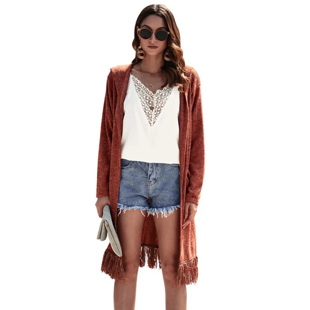 Women Fashion Casual Solid Tassels Hooded Tassel Pocket Cardigan Coat Winter Outwear Spring/Autumn/Winter |