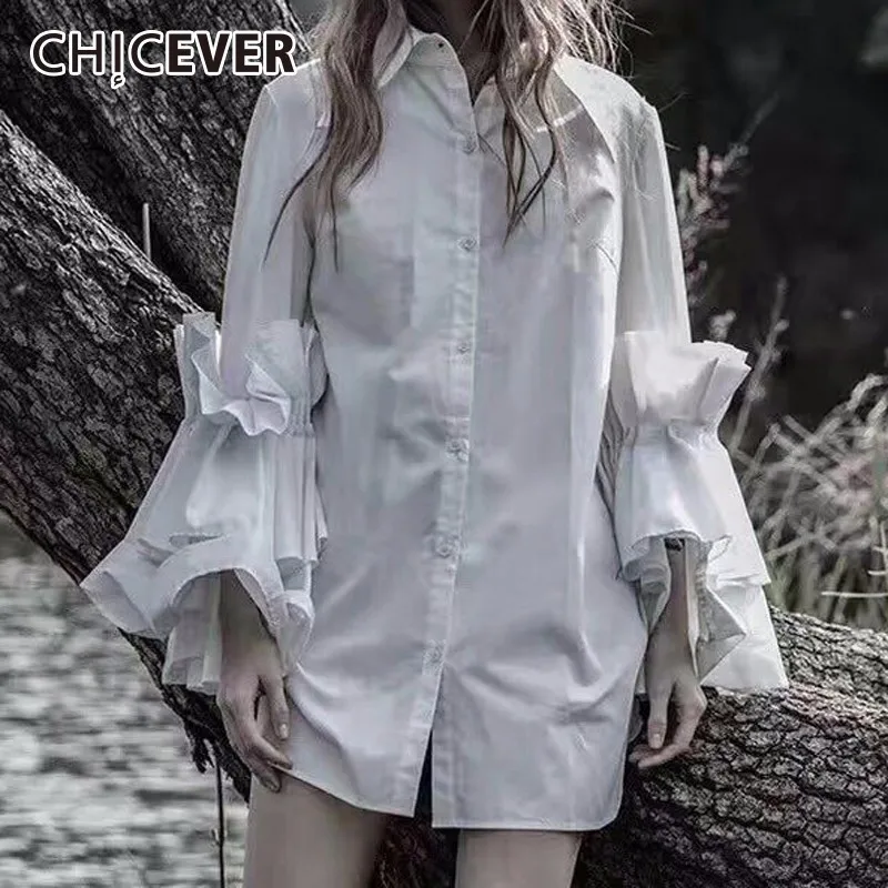 

CHICEVER Pleated Ruffles Women's Shirt Blouses Top Flare Sleeve Loose Casual Hem Split Autumn Black Shirts Fashion Clothes 2018