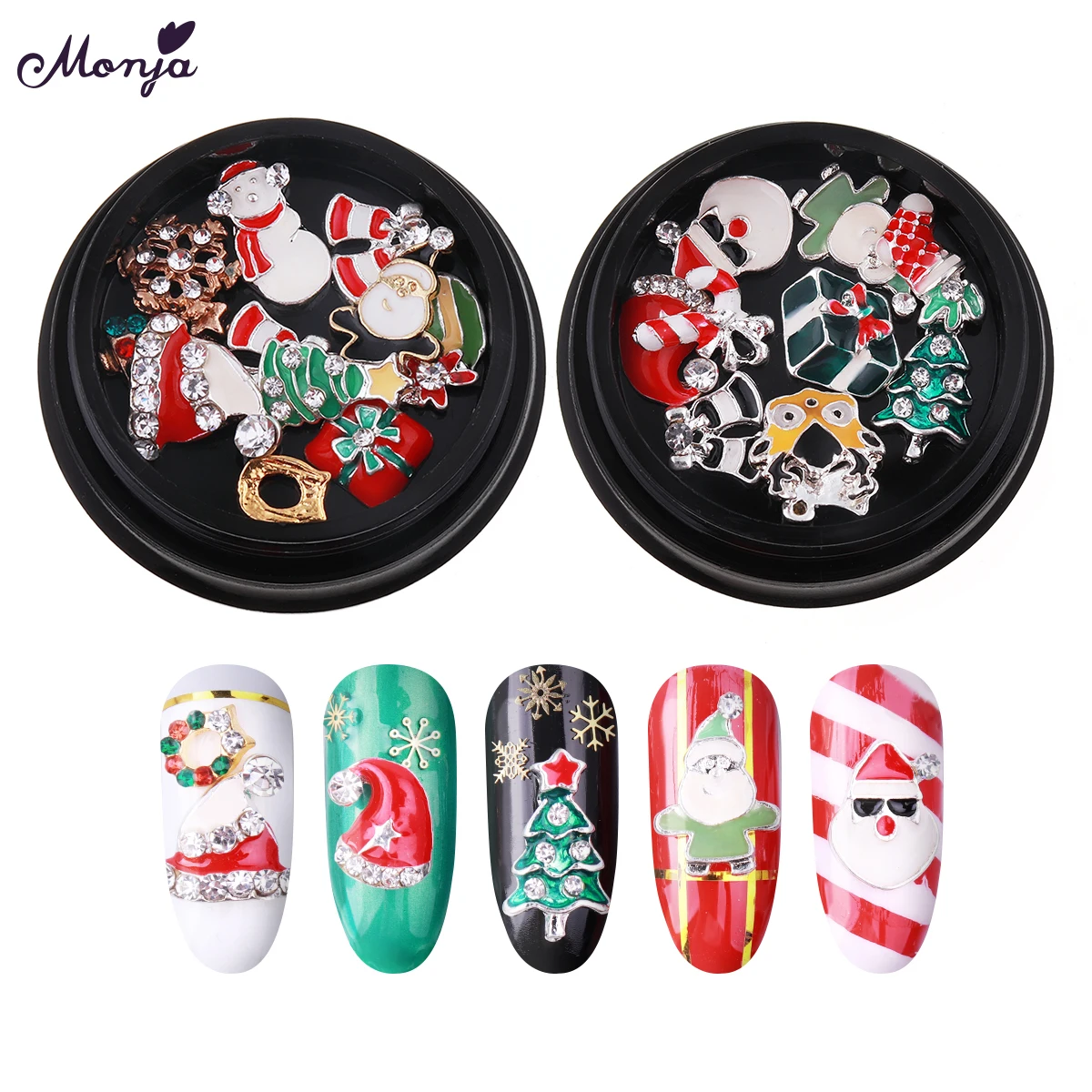 

Monja 10pcs/box Christmas Nail Art Alloy Metal Rivet Studs Rhinestone Xmas Tree Snowman Santa Claus Mixed Designs 3D DIY Decors