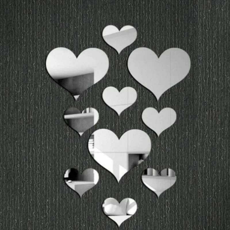 

10pcs Acrylic Mirror Wall Stickers 3D Heart Shaped Mirror Wall Sticker Decal Removable Sticker Home Decoration