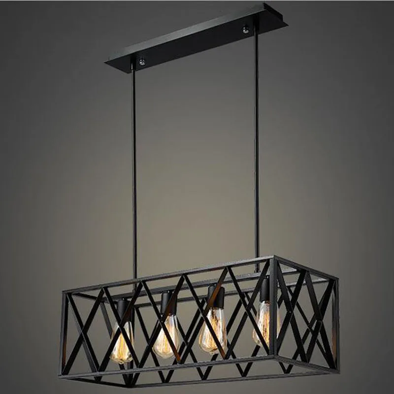 

American Rrtro Black Pendant Light With LED E27 Bulbs Creative LOFT Iron Lamp For Foyer Restaurant Rectangular