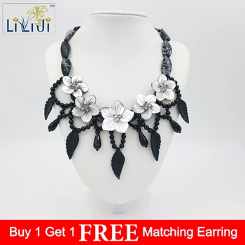 

Lii Ji Snowflake Obsidian, Agate.Black Jade leaves, Shell Flowers with Jade Toggle Clasp Necklace