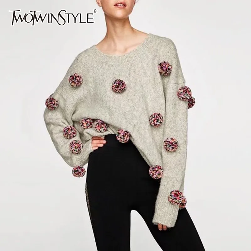 

TWOTWINSTYLE Patchwork Hair Bulb Pullover Tops Female O Neck Long Sleeve Knitting Sweater Women Casual Fashion 2019 Spring New