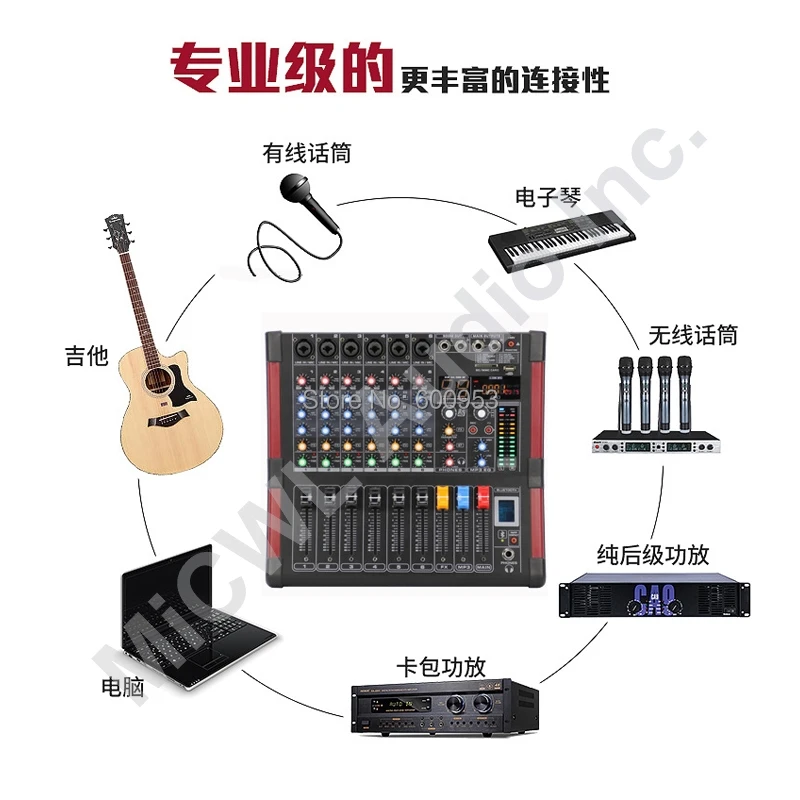 Pro 6 Channels Bluetooth Mixer 99 Digital Effects Equalizer Bluetooth Performance Mixer 48V Phantom USB SD Monitor Phones