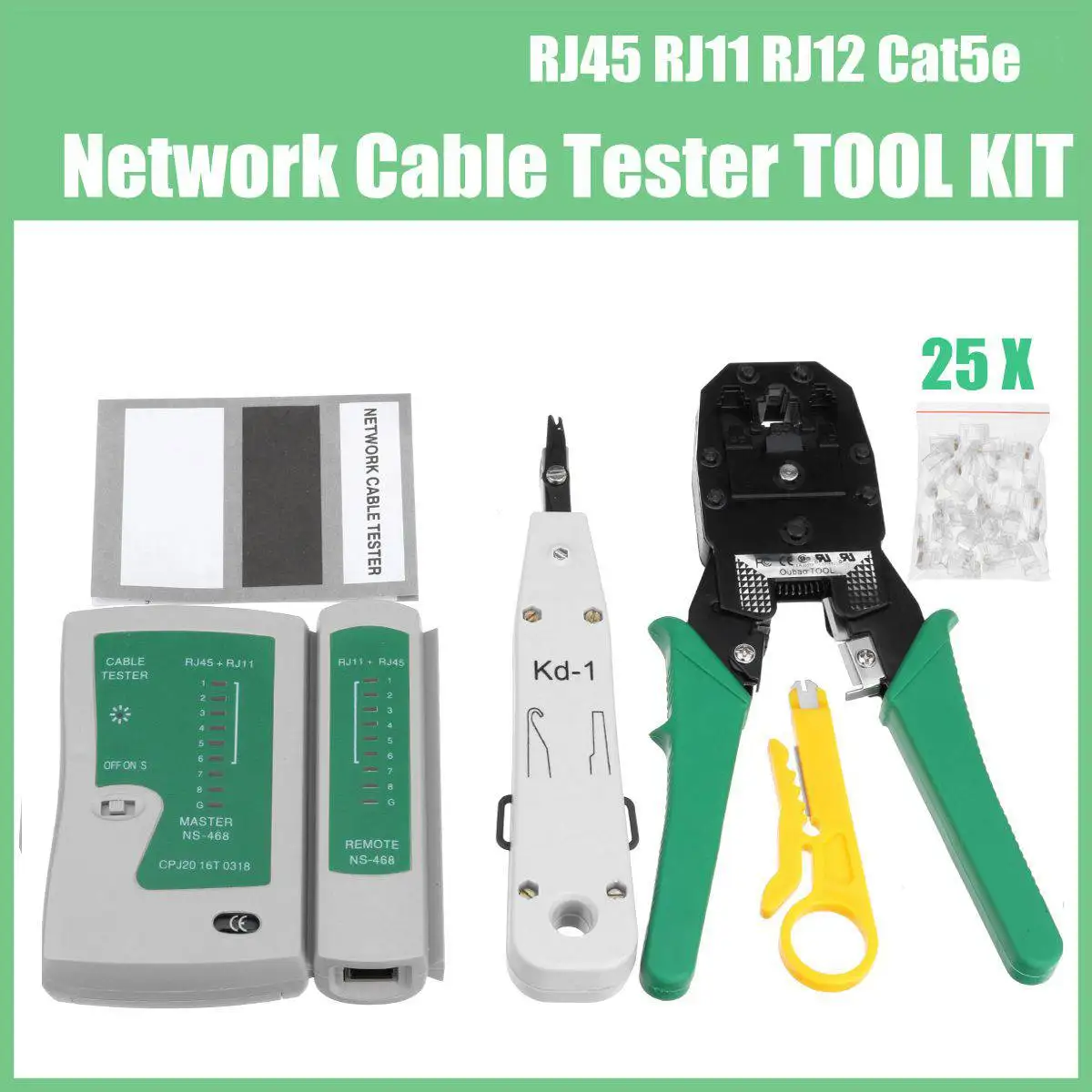 

31Pcs/Set RJ45 RJ11 RJ12 Cat5e 6 LAN Data Network Tool Kit Modular Plug Cable Tester Wire Stripper Punch Down Impact Tool