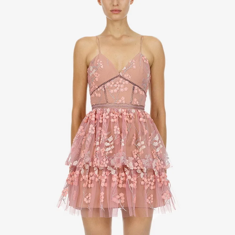 

Sexy Club Wear Women Floral Embroidery Lace Dress Pink 2019 Summer Dress Party Mesh Backless Self Portrait Runway Mini Sundress