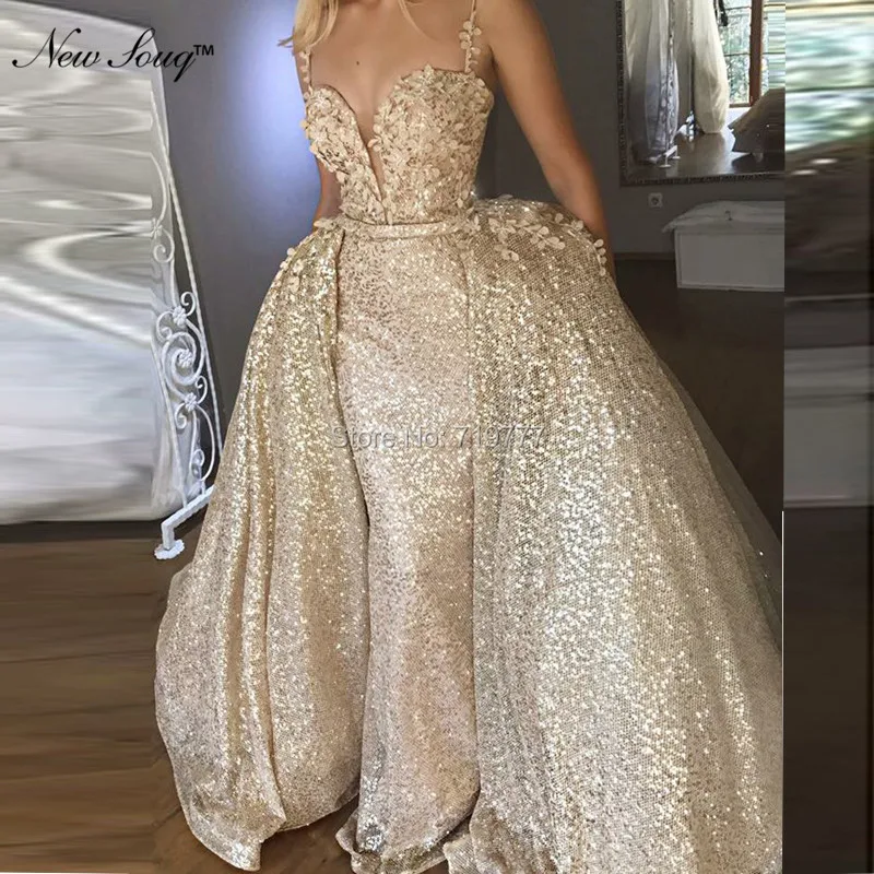 

Applique Sequin Arabic Evening Dress Champagne Kaftan Dubai Abaya Muslim Party Dress Two Pieces African Long Prom Dresses 2019