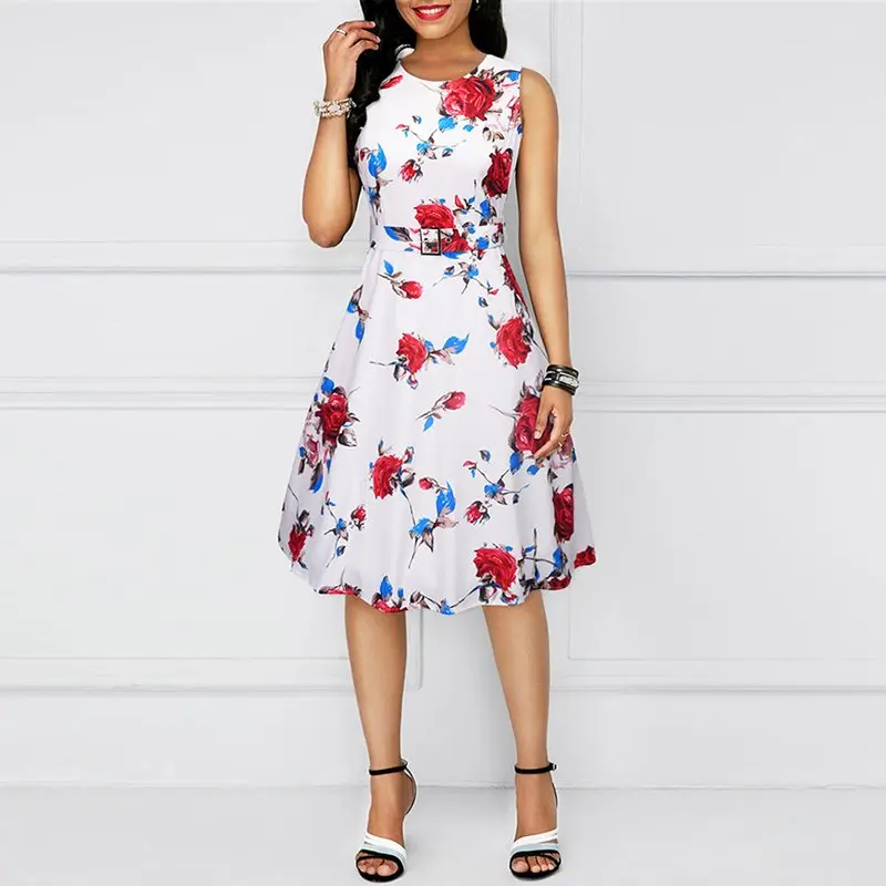 

Women Dresses Vintage OL Ladies Sweet Elegant Sexy Aline Red Hot High Waist Floral Print Summer 2019 Female Fashion Retro Dress