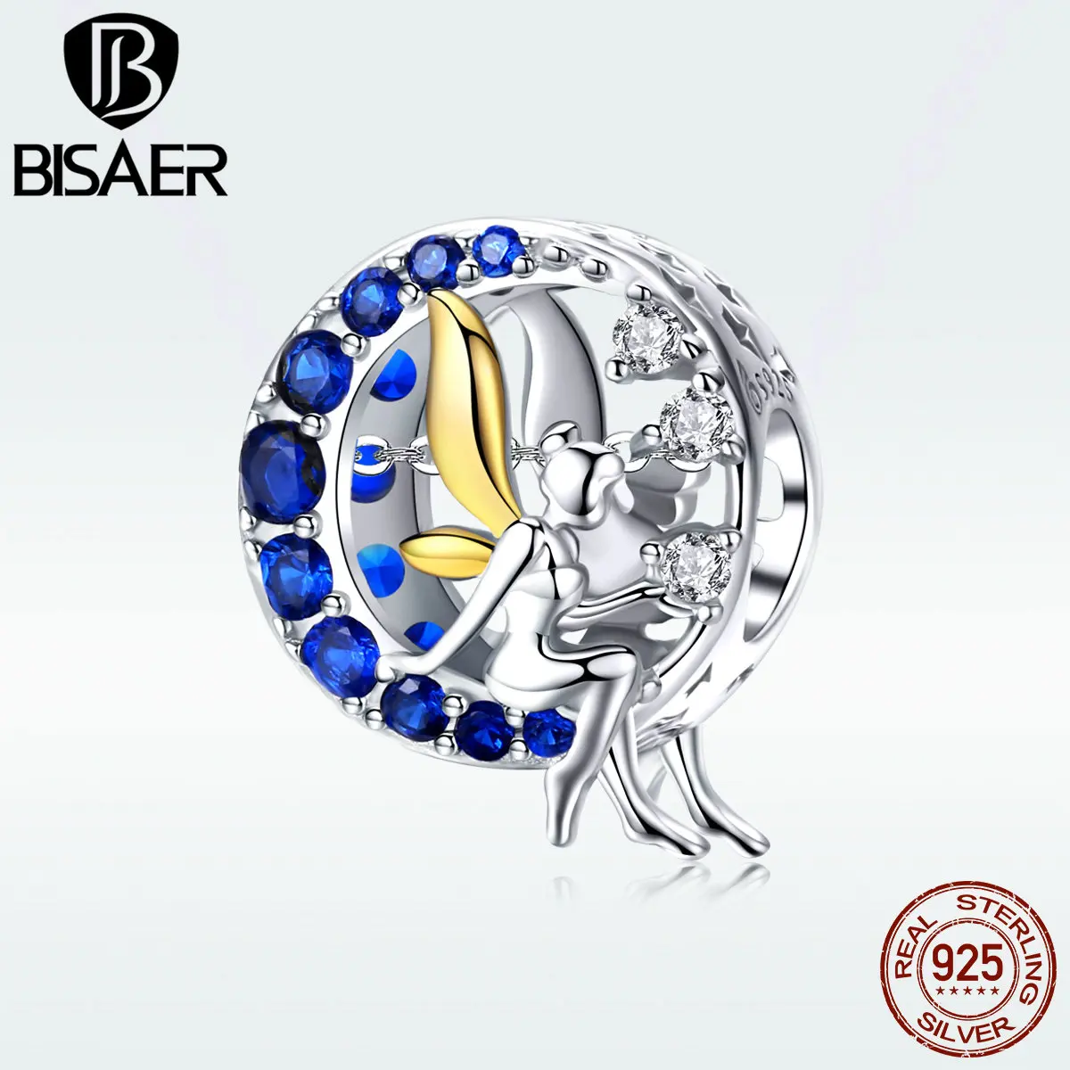 BISAER 925 пробы серебро ярко синий CZ лунный свет фея бусины для Для женщин Fit Пан