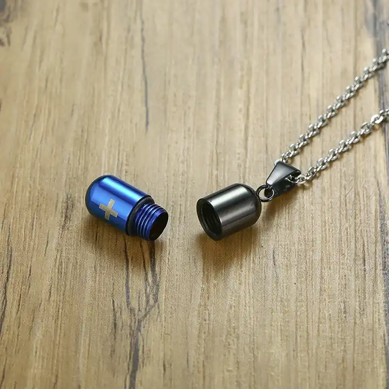 Silver Men Women Stainless Steel Small Capsule Shape Pendant Necklace