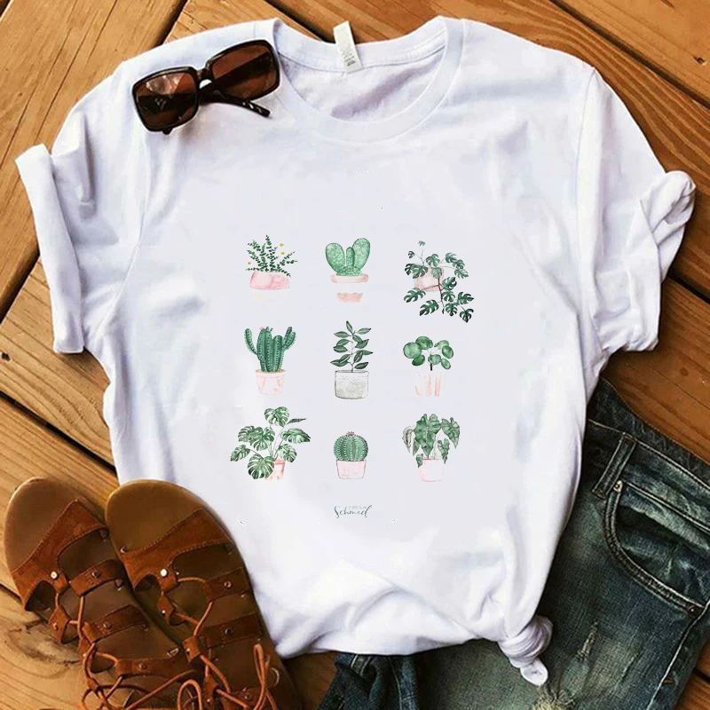 

Cactus Plant Flower T-shirts Korea Style Cotton Soft O-Neck Comfortable Streetwear Women T-Shirt Summer White Casual Tees